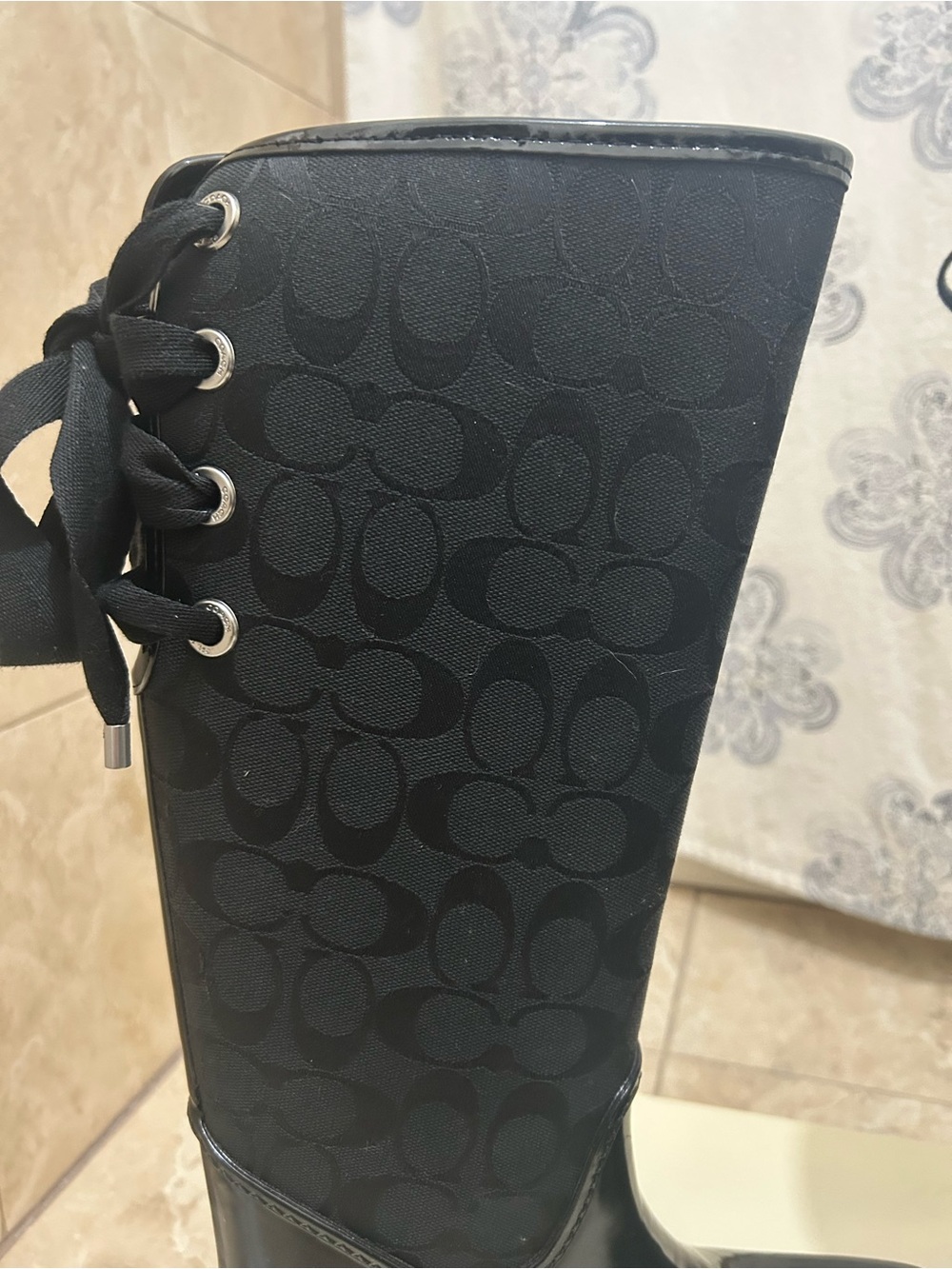 Coach Tristee Black Signature Knee High Rain Boots with Black Ribbon - Picture 10 of 13